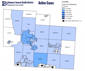 Map of active cases of COVID-19 in Delaware County for Oct. 23, 2020