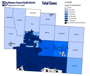 Map of total cases of COVID-19 in Delaware County for Oct. 23, 2020