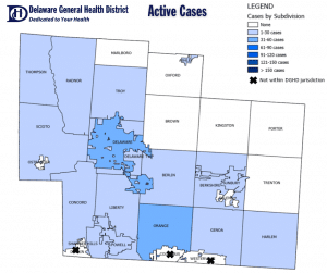 Map of active cases of COVID-19 in Delaware County for Oct. 30, 2020