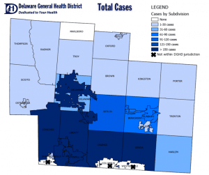 Map of total cases of COVID-19 in Delaware County for Oct. 30, 2020