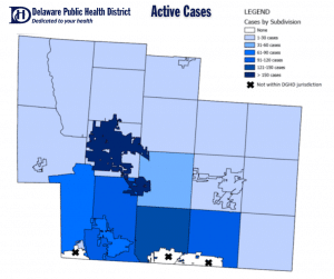 Map of Active cases of COVID-19 in Delaware County for Nov. 20, 2020
