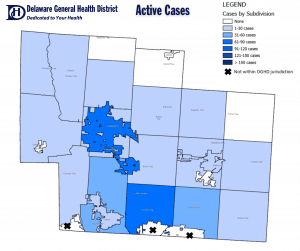 Map of active cases of COVID-19 in Delaware County for Nov. 13, 2020