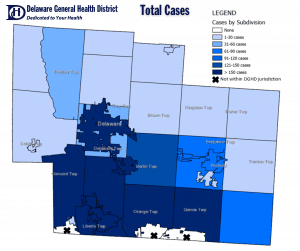 Map of total cases of COVID-19 in Delaware County for Nov. 13, 2020