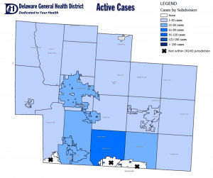 Map of active cases of COVID-19 in Delaware County for Nov. 6, 2020