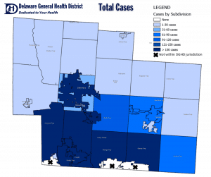 Map of total cases of COVID-19 in Delaware County for Nov. 6, 2020